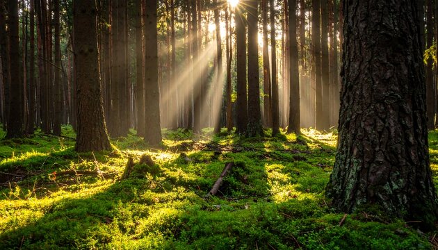 Sunbeams pierce a misty forest floor