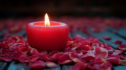 Red Candle with Flame and Rose Petals