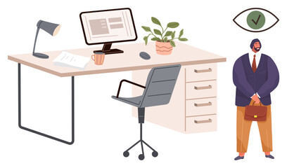 Office desk with computer, lamp, plant, chair, and mug. Businessperson in formal attire holding a bag with approval sign. Ideal for workplace, organization, professionalism business decisions