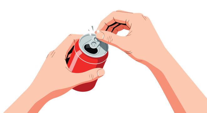 Illustration displaying a pair of hands opening a red aluminium can, a representation of refreshment and easy accessibility with a clean and modern