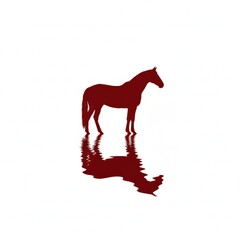 A maroon horse stands on a white background with a reflection on the water, creating a sense of serenity and power in the design