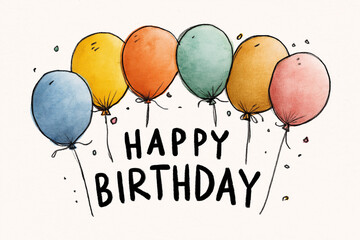 A hand-drawn watercolor illustration of six colorful balloons above the words "HAPPY BIRTHDAY" in black script. Symbolizes joy, celebration, milestones, and a lighthearted festive spirit.
