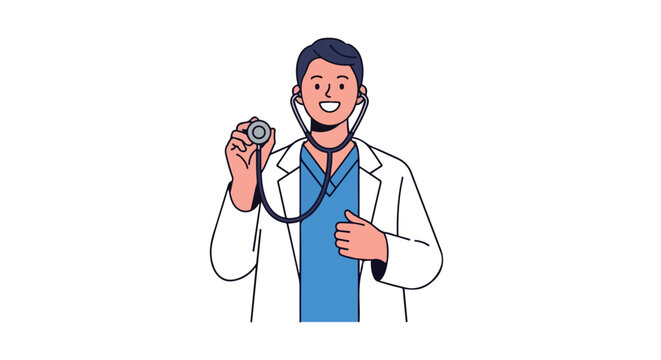 Friendly doctor using stethoscope with professional attire in healthcare setting with white backdrop showcasing medical expertise and warmth