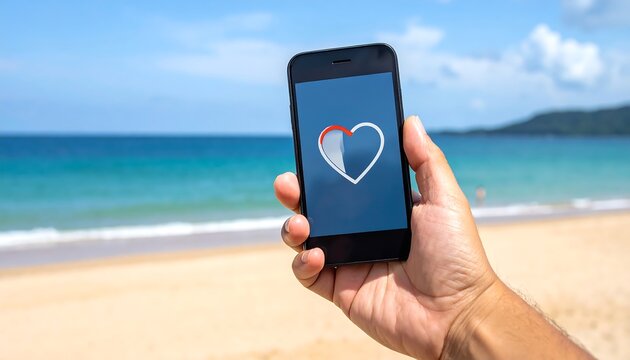 Smartphone displaying a heart icon on a beach