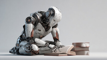 Futuristic robot studying an open book surrounded by stacked books in a minimaic environment with soft lighting and a smooth gray background.