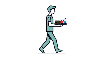 Illustration depicting a server with a tray containing food and drink, rendered in a minimalist style, creating an approachable design