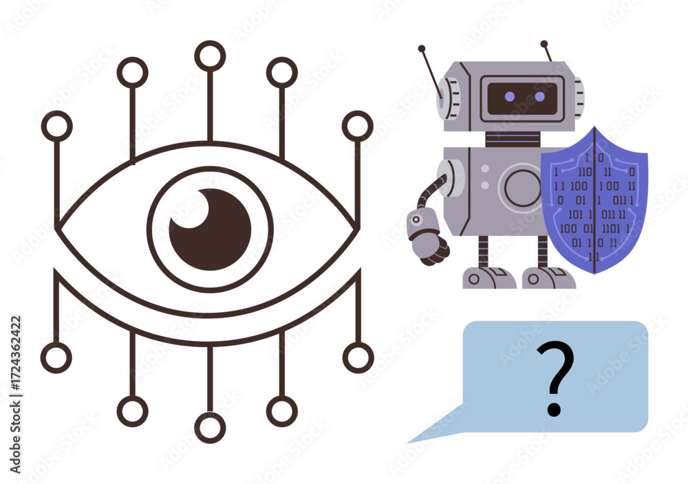 Poster robot alongside a cybersecurity shield, stylized digital eye with circuits, and speech bubble with q