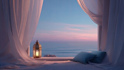 Tranquil seaside view through sheer curtains