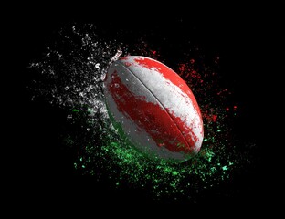 Rugby ball with a flag-like design in motion against a black background