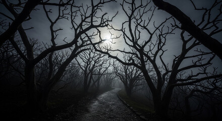 Eerie forest path illuminated by a mysterious glow, perfect for adding a touch of suspense and...
