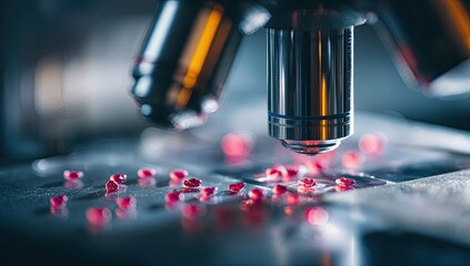 Close-up of microscope focusing on red gemstones