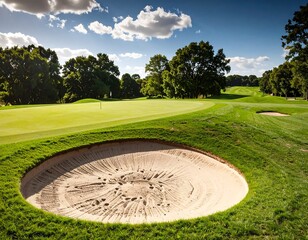 Golf course fairway with sand trap. Lush green fairways and a large sand trap.  Sunny day,  trees,  golf course