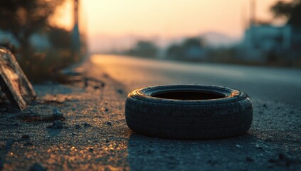 Abandoned tire at sunset