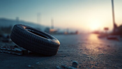 Abandoned tire on a deserted road at sunrise