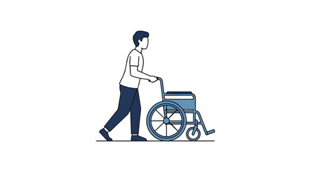 Fototapeta premium Illustration of a person pushing an empty wheelchair on a clean white backdrop showcasing accessibility and support themes with a modern design