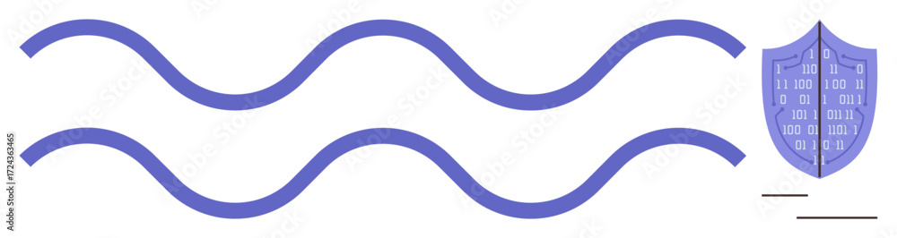 Aufkleber blue wavy lines and shield with binary code emphasize digital protection, encryption, firewall secur