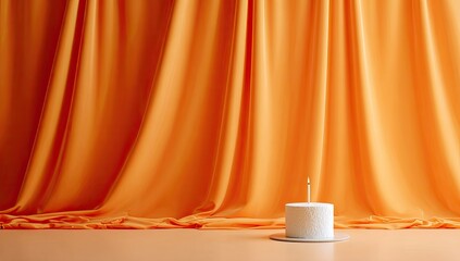 A single white birthday cake with a lit candle sits on a peach-toned surface in front of orange draped fabric