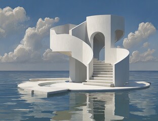 Whimsical white structure on a placid sea