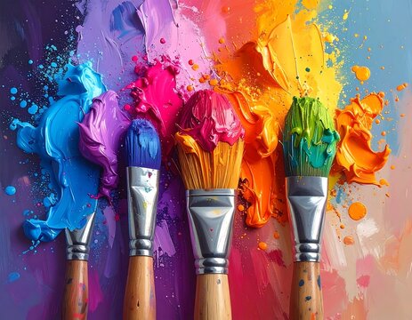 Vibrant paint brushes with colorful splashes