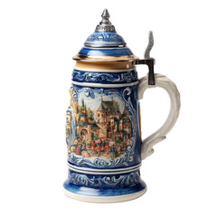 Ornate blue and white ceramic beer stein with medieval scene and metallic lid. background removed