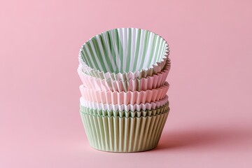 Stack of pastel cupcake liners against a pink background