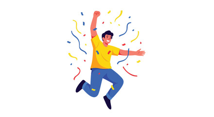 Energetic celebration: A cartoon man rejoices amidst a shower of vibrant confetti representing joy and achievement with excitement and energy