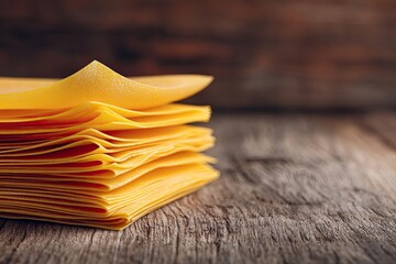 Stack of yellow pasta sheets on a rustic wooden table