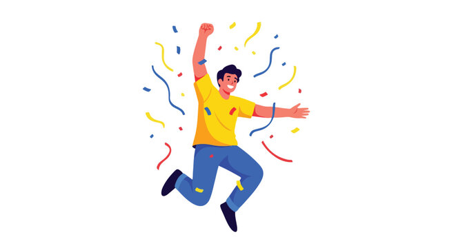 Energetic celebration: A cartoon man rejoices amidst a shower of vibrant confetti representing joy and achievement with excitement and energy