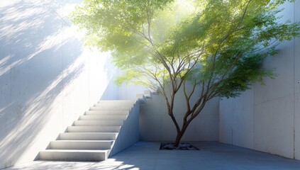 Modern concrete courtyard with a sunlit tree and stairs