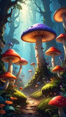 Colorful mushroom forest path