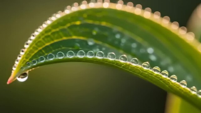 Macro View of Glistening Water Droplets on a Green Leaf Edge.