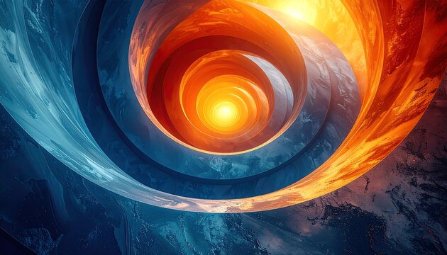 Abstract swirling rings of fiery orange and icy blue. Layered concentric circles create a dynamic, spiraling effect, suggestive of a cosmic vortex or tunnel - Powered by Adobe