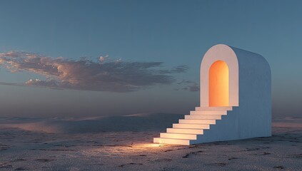 A pristine white archway structure with stairs leading to a lit-up opening in a desert landscape