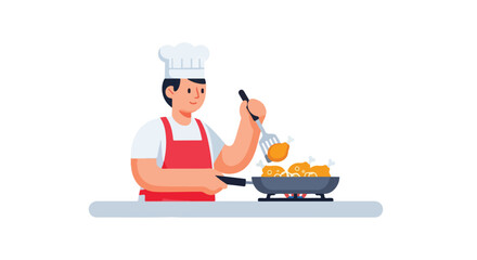 Illustrated chef preparing a delightful dish of golden fried chicken in a pan with skill and passion showcasing his culinary talent and love for food