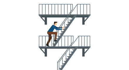 Fototapeta premium Reaching new heights: A determined man ascends the intricate fire escape on building facade