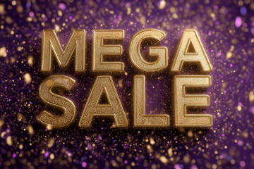 The phrase "MEGA SALE" in bold, textured gold 3D text against a deep purple background with falling glitter and confetti. Symbolizes luxury, urgency, massive discounts, and a major retail event.

