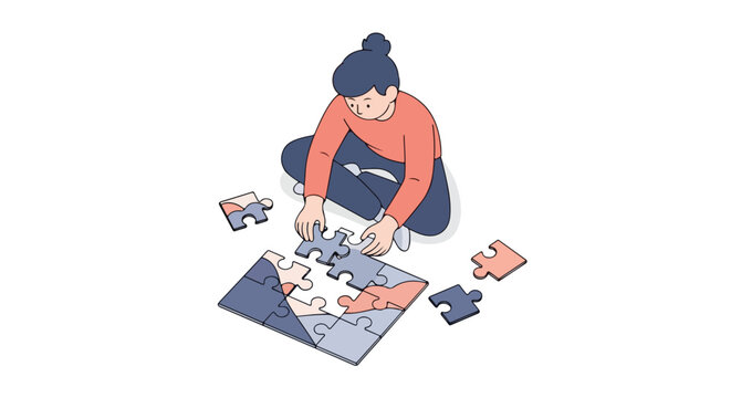Conceptual art piece portraying a young woman deeply engrossed in solving a jigsaw puzzle that promotes problem-solving skills