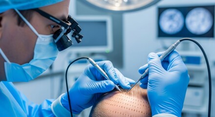Doctor performing hair transplantation on man for baldness treatment. Hair restoration surgery to combat hair loss and stimulate growth.