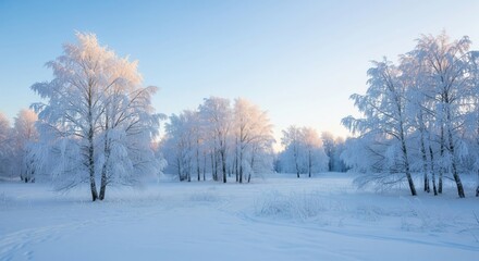 Fototapeta premium Winter wonderland. Snowy trees under a pale blue sky. Frosty branches. Tranquil