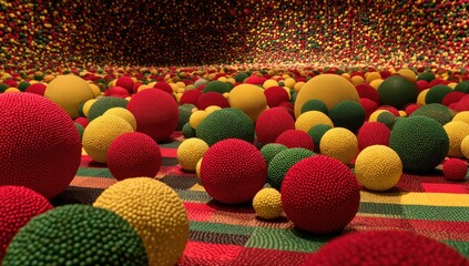 Colorful spheres fill a textured space