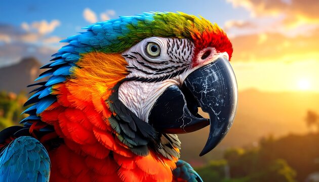 Vibrant parrot close-up against sunset