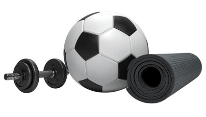  Collection of sports equipment including a soccer ball dumbbell and yoga mat.
