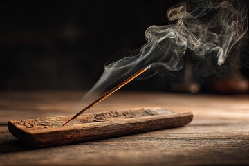 Incense stick burning on wooden stand
