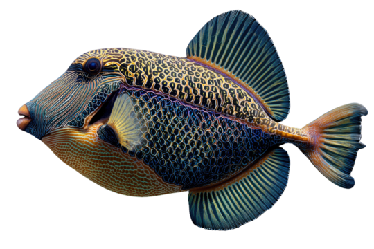A vibrant, intricately patterned triggerfish, isolated on a transparent background. background removed