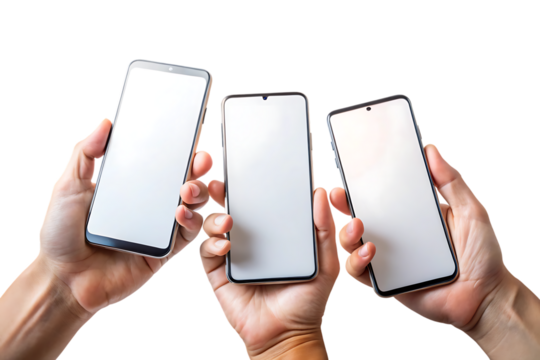 Three Hands Holding Smartphones with Blank Screens cutout PNG isolated on a transparent background