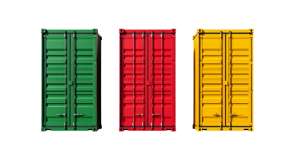   Flat Lay Arrangement of Red, Green, and Yellow Shipping Containers, Clean Geometric Layout, Isolated on White.