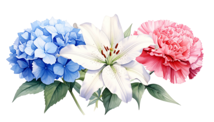   Floral arrangement in the colors of the french flag blue white and red.