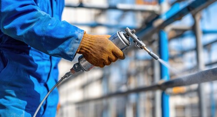 Industrial worker spraying metal scaffolding