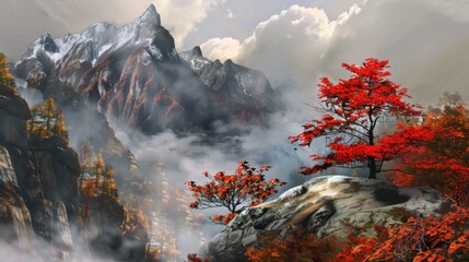 Seasonal Forest Landscapes: Pine/Fir Trees, Winter Snowy Mountains & Sunset Lake Water Views