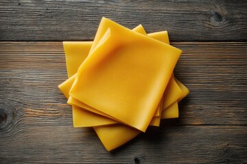 Stack of cheese slices on a wooden surface